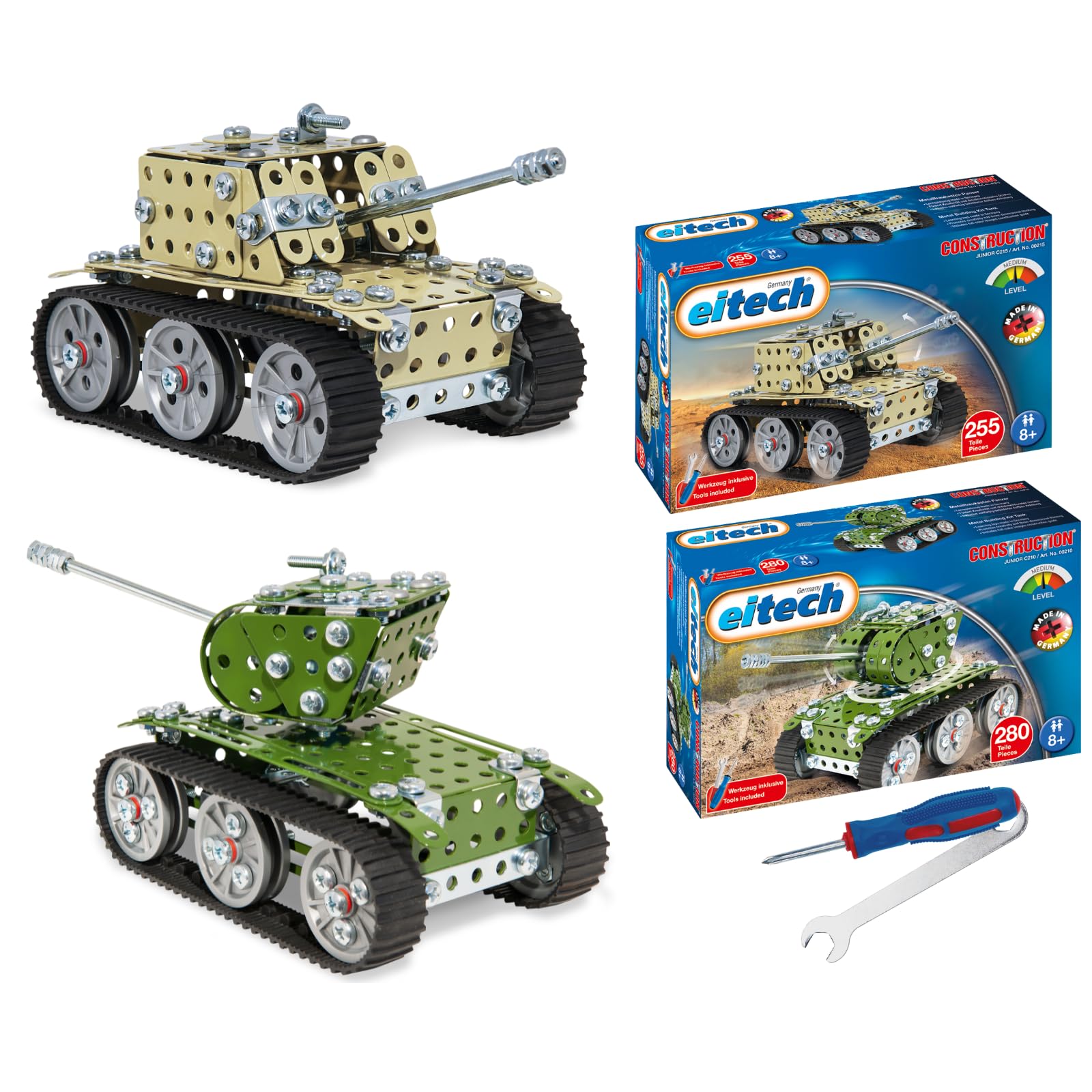 Eitech Metalowy zestaw do budowy – czołg 2-częściowy zestaw zabawek ArmyGreen i piaskowo-żółty, zestaw modelarski dla chłopców i dziewczynek, prezent dla dzieci 8, 9, 10 lat, zabawka motoryczna