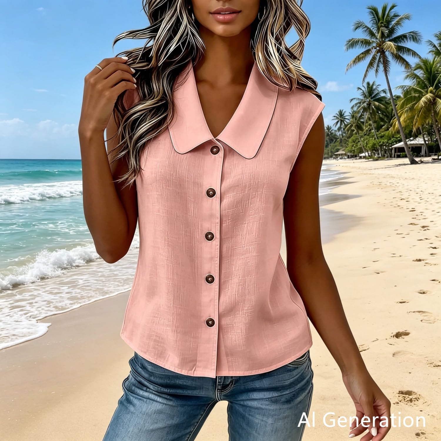 Camicia estiva senza maniche da donna con abbottonatura e colletto ampio | Top estivi senza maniche con scollo a V e colletto per donna