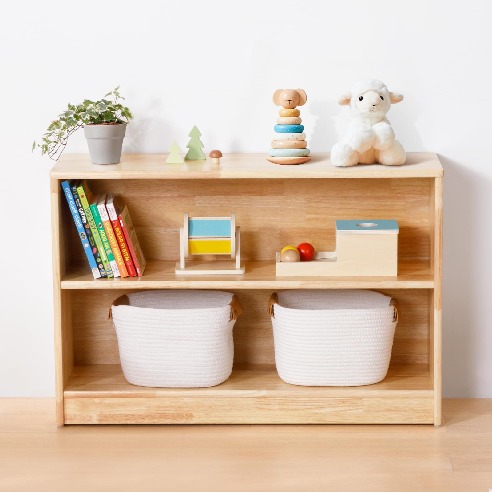 – OOOK Rubber Wood Montessori Shelf and Toy Storage, 90 cm Solid Wood Bookshelf and Toy Organizers, 2-Tier Storage Cabinet Shelves and Kids Bookcase for Classroom, Kindergarten, Kids Room, Playroom