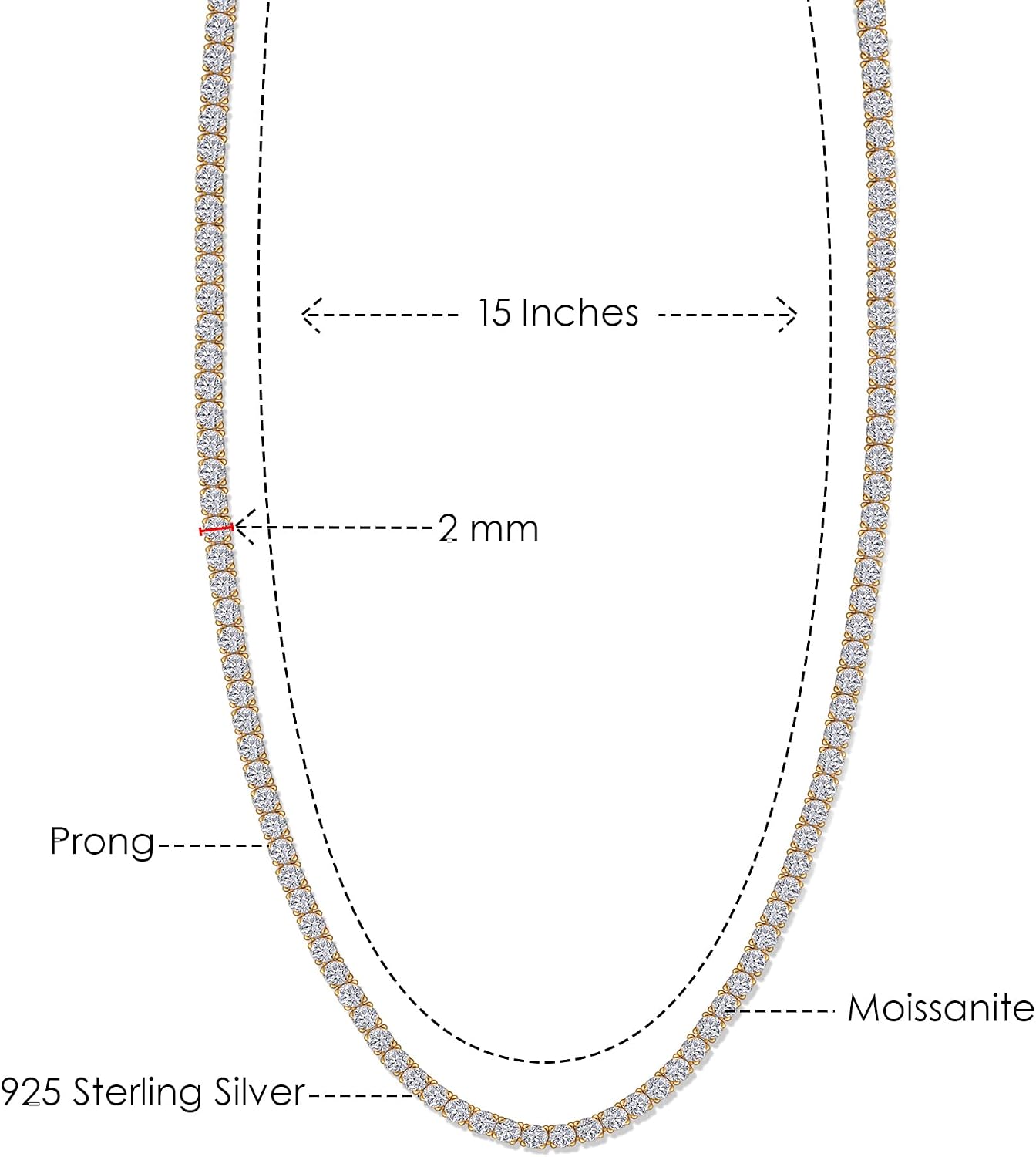 SAVEARTH DIAMONDS Round Lab Created Moissanite 2MM to 6MM Width Tennis Chain Necklace For Men Women In 14K Gold Plated 925 Sterling Silver, (VVS1 Clarity, 5.50 CT To 78.70 CT), 15" To 24"