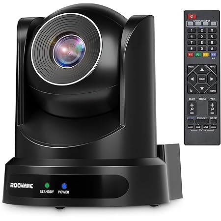 ROCWARE Conference Room Camera, RC20 PTZ Camera with Remote Control,10x Optical Zoom Webcam, 16X Digital/USB Output & AutoFocus/Low-Light & White Balance Correction for Church/Education/Broadcast