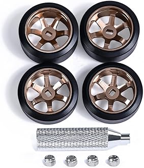 Abendor 6 Spoke Wheel Rims & Rc Car Drift Tires for 1/28 RC Hobby Model Car, [2*N+2*W] 4 Pcs 20mm Aluminum Alloy Rims for Wltoys K969 K989 P929 AWD XRX AMZ WL DRZ GLA BZ (Bronzed Drift)