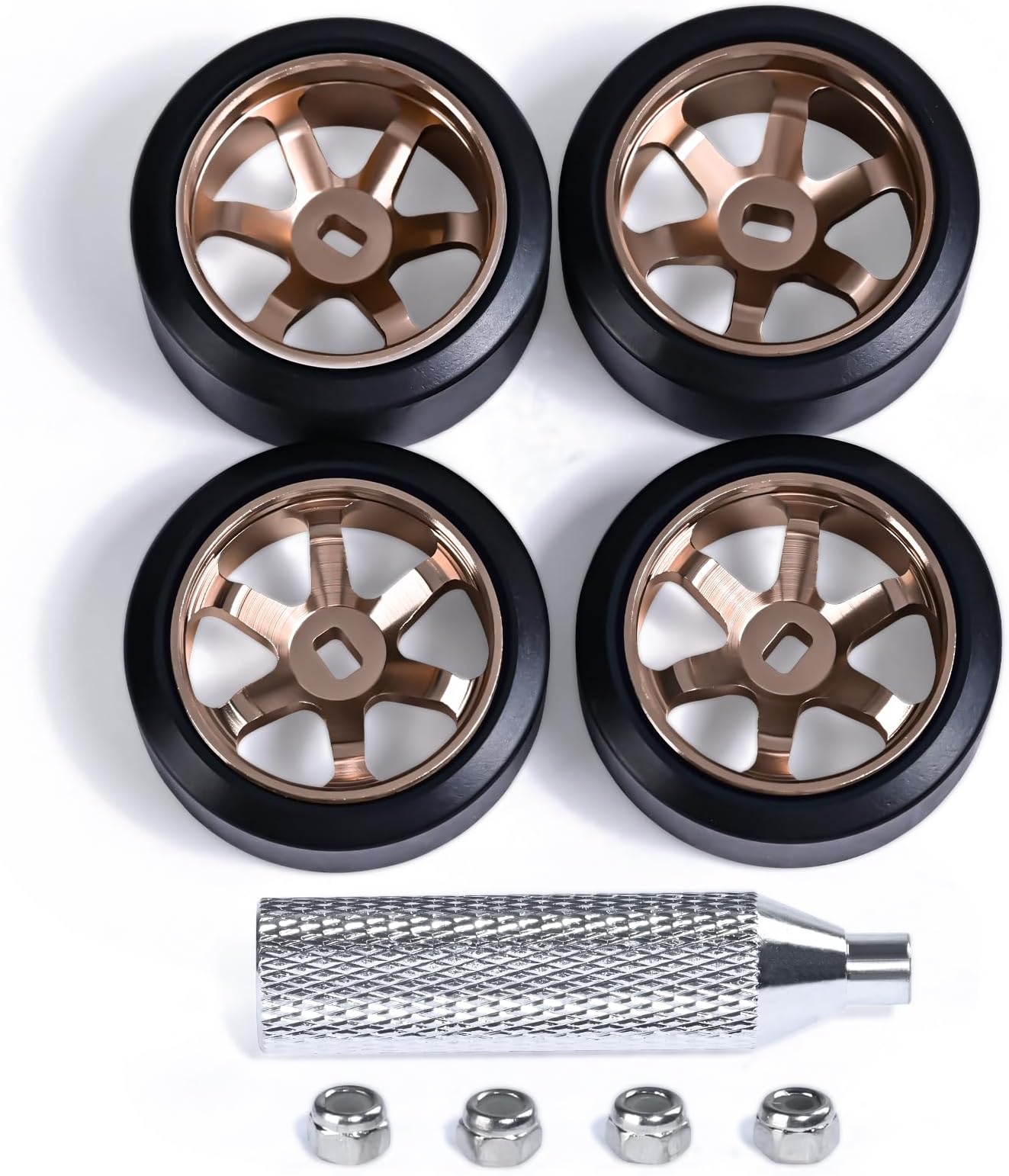 6 Spoke Wheel Rims & Rc Car Drift Tires for 1/28 RC Hobby Model Car, [2*N+2*W] 4 Pcs 20mm Aluminum Alloy Rims for Wltoys K969 K989 P929 AWD XRX AMZ WL DRZ GLA BZ (Bronzed Drift)
