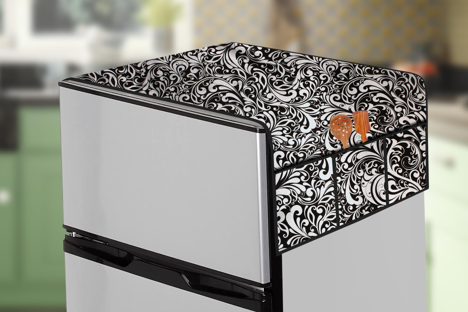 The Furnishing Tree Fridge Top Cover Compatible for Samsung RT37C4512BX/HL, 322 LTR WxL 65x111 in CM Floral Pattern Black