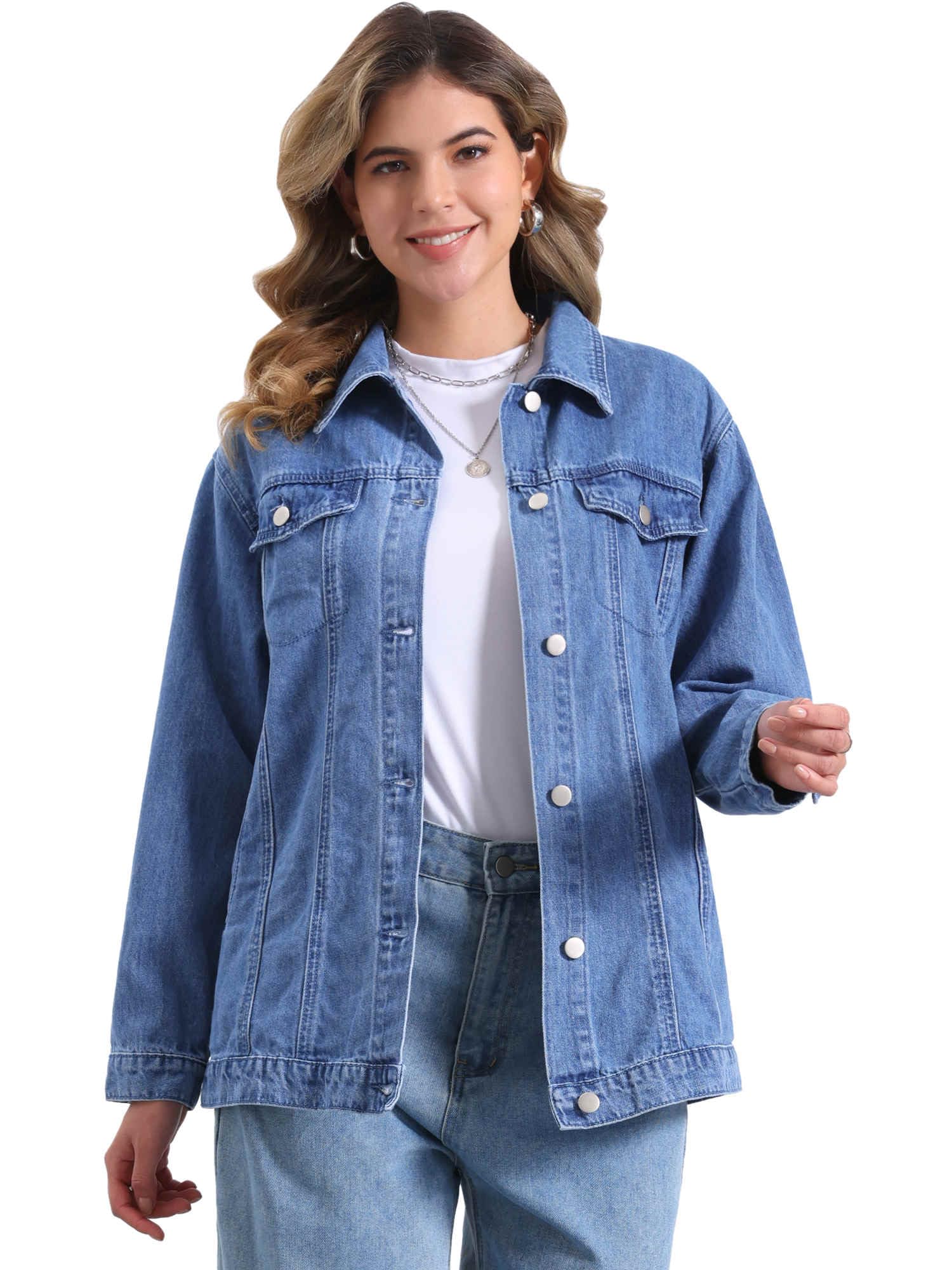 Allegra K Femme Veste en Jean Oversized Manches Longues Poches Décontractée