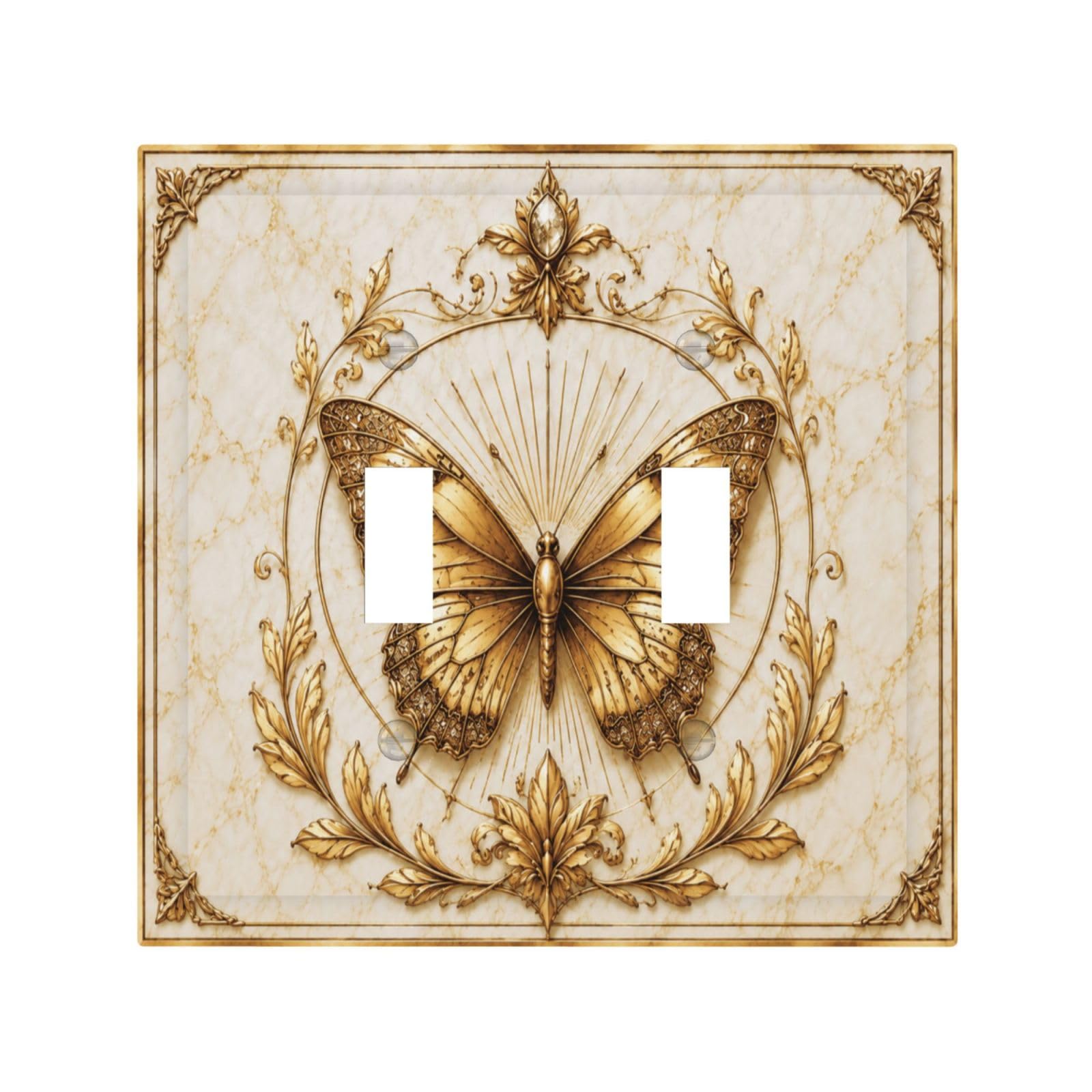 Xuejiaku Decorative Light Switch Cover Plate Gold Butterfly Vintage Ornate Marble Double Toggle Wall Plate Dual Device Outlet Covers Luxury Baroque Style Switchplate Dimmer Faceplate for Bedroom Decor