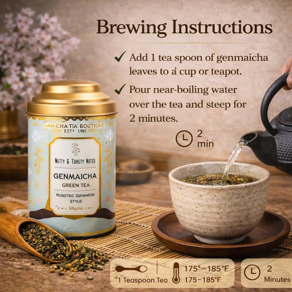 Sancha Tea Boutique, Tè verde Genmaicha, tè popcorn, riso tostato, tè verde, aroma tostato, tè verde in stile giapponese, tè importato