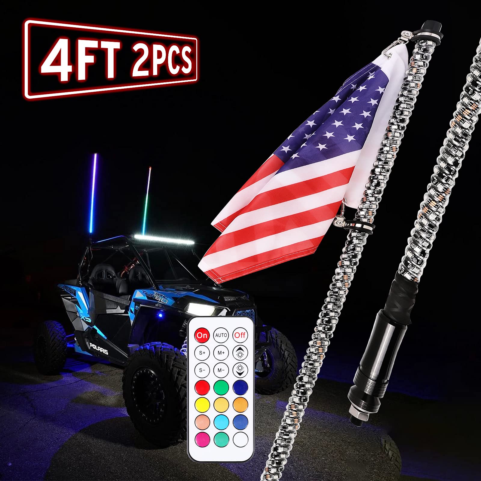 YCHOWTECH 2PCS 4ft Spiral RGB Led Whip Light with Flag Pole RF Remote Control Spiral RGB Chase