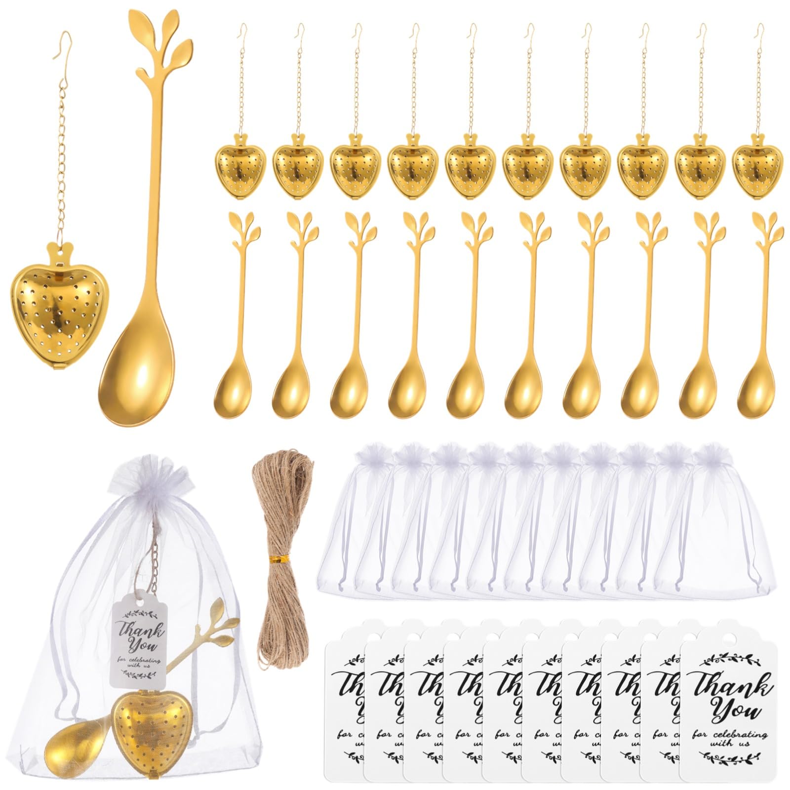 25 Sets Brautparty Mitgebsel, Tee-Party Set mit herzförmigen Tee-Infusern, Teelöffeln in Blattform, Organzabeuteln und Dankeskarten, praktische Hochzeitssouvenirs für Gäste und festliche Anlässe