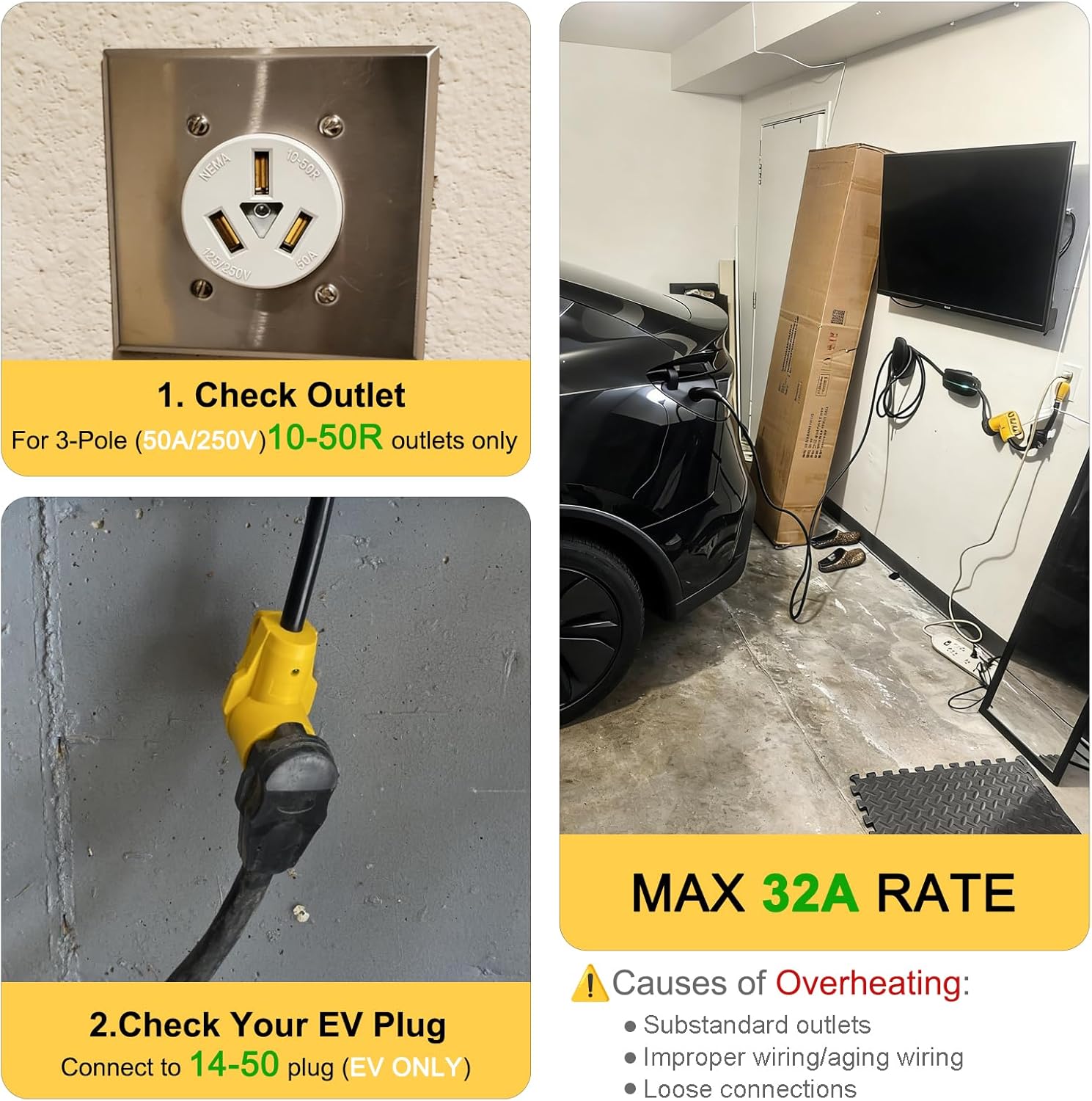 10ft NEMA 10-50P to 14-50R EV Charger Adapter Cord, STW 6AWG/3C, ONLY for Tesla or EV Charging, NOT for RV/Stove/Oven, 50 Amp 3-Prong Stove Plug to 4 Prong EV Charger Adapter, ETL Listed