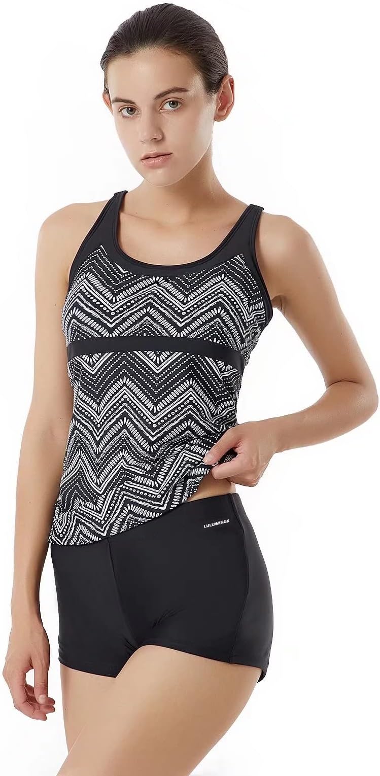 Women Tankini Swimwear Cross Back Strappy Bathing Suit Athletic Training Swimsuit with Boyshorts