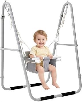 FUNLIO Baby Swing Set for Toddlers 6-36 Months, Foldable & Portable Swing for Indoor & Outdoor, Heavy Duty Metal Frame, Includes 2 Weight Bags & 4 Anti-Slip Pads, Easy to Assemble & Store Gray