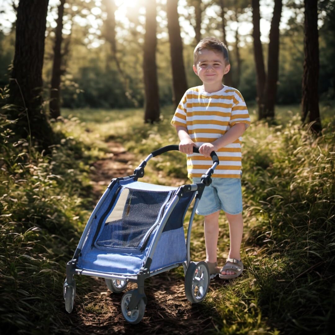 Bayer Chic 2000 Roadster | Zwillings-Puppenwagen Jeans Grau | Verstellbar | Sportlicher Puppentrailer für 2 Puppen (bis 46 cm). Höhenverstellbarer Schieber (33–71 cm). Jeans Grau. Robust & Chic.
