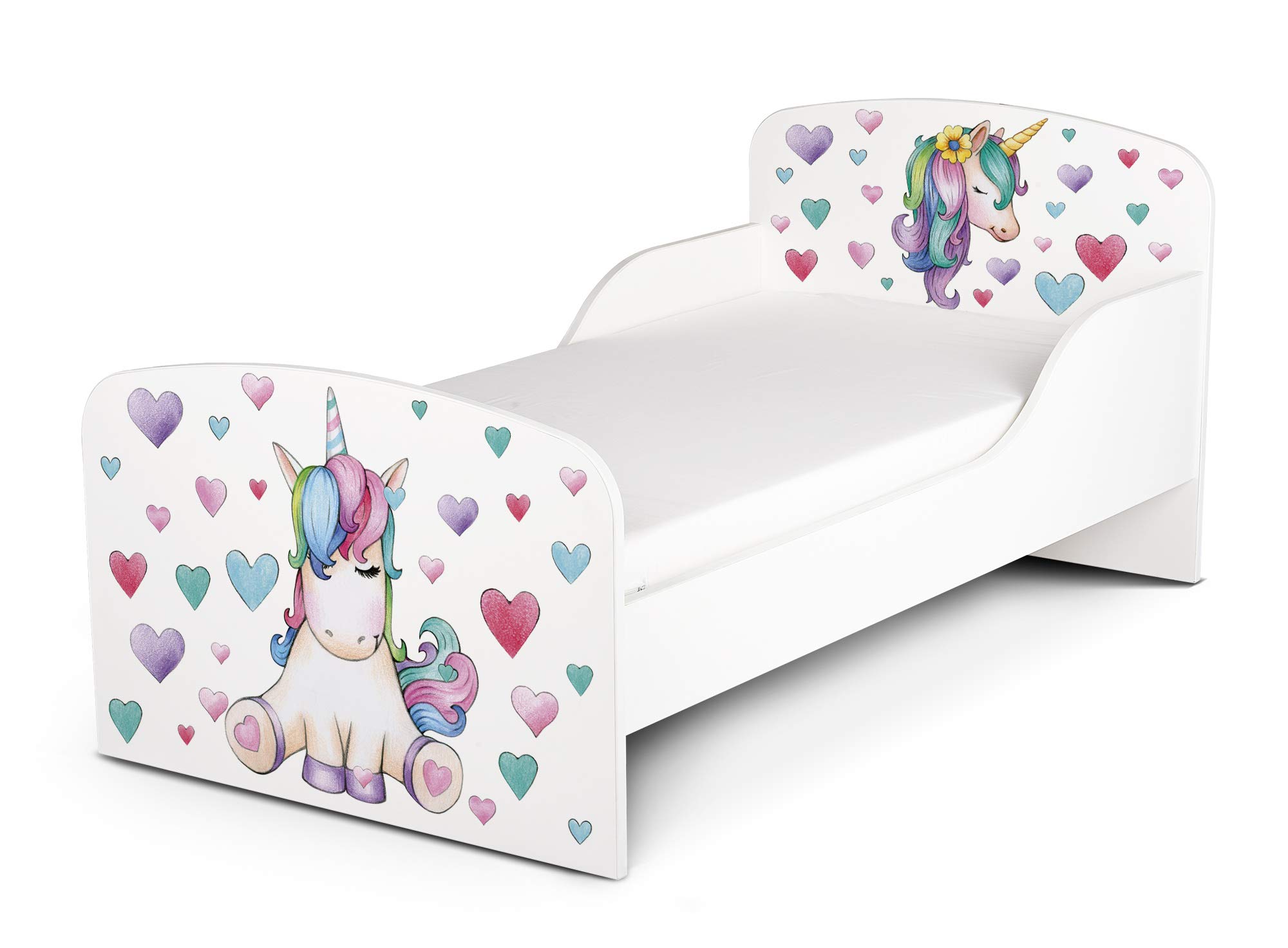 Letto Bambini Legno Con Materasso 140x70 Cm - Motivo Unicorno, Cassetto, Facile Montaggio