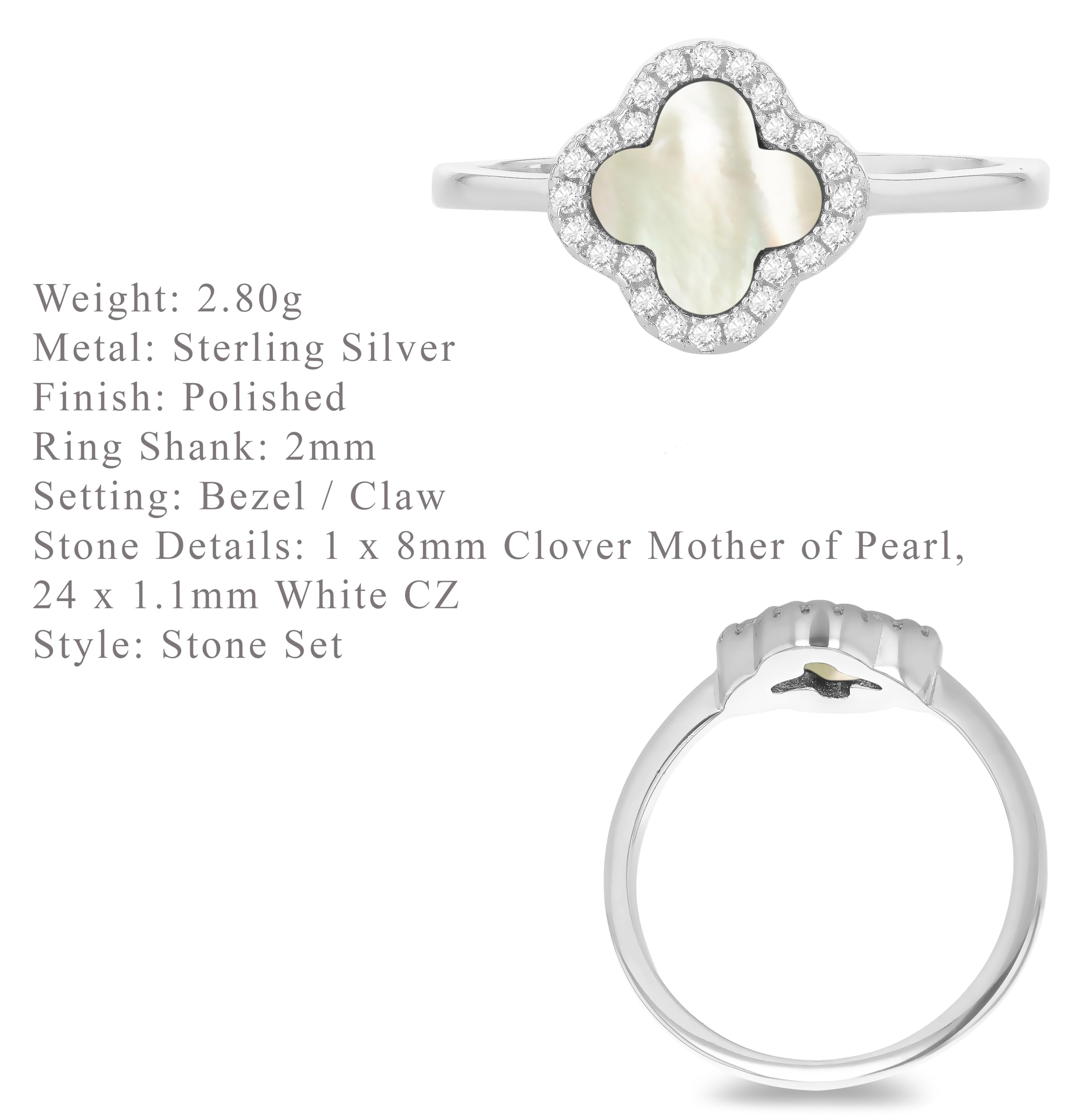 Tuscany Silver Anello da donna in argento Sterling rodiato con quadrifoglio da 11 mm e zirconia bianca da 1,1 mm