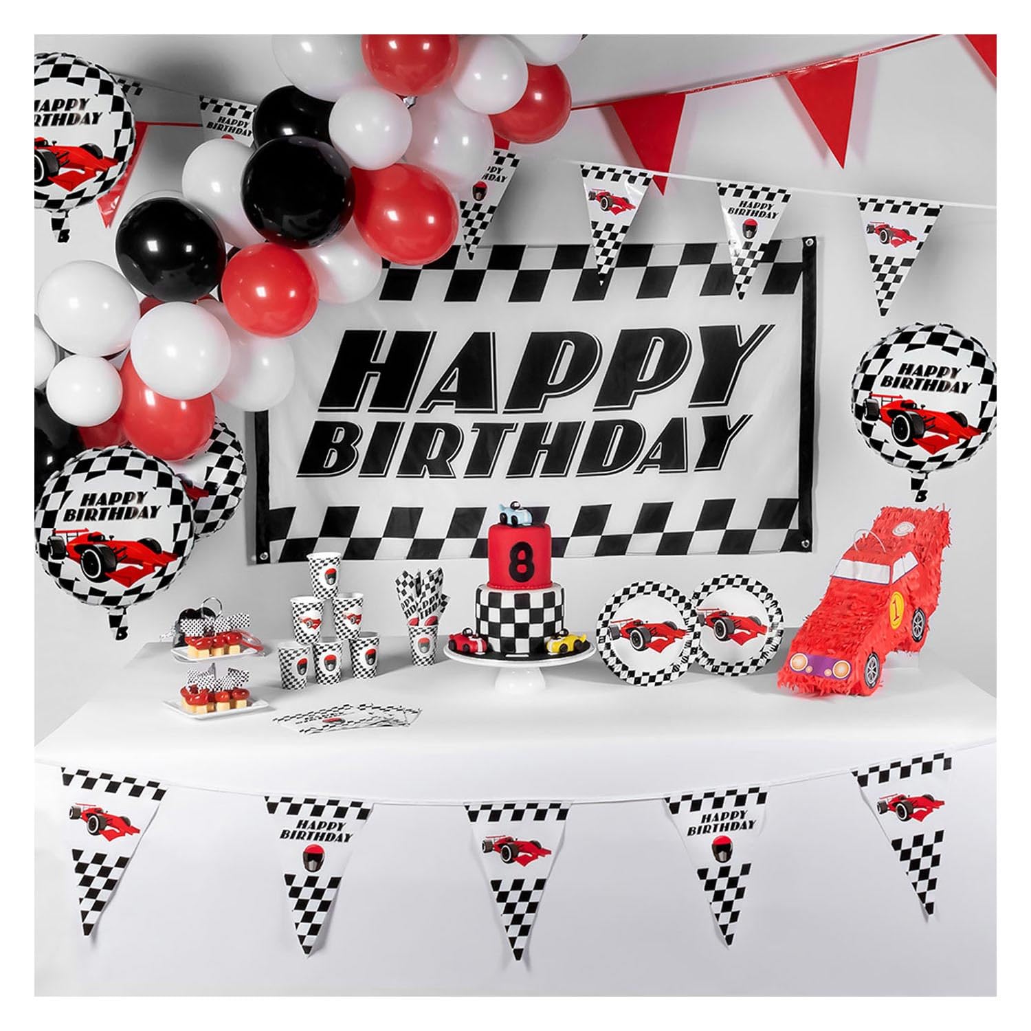 Boland Rennwagen Wimpelkette 6m – Happy Birthday Girlande Mit Karierten Flaggen Für Kindergeburtstag