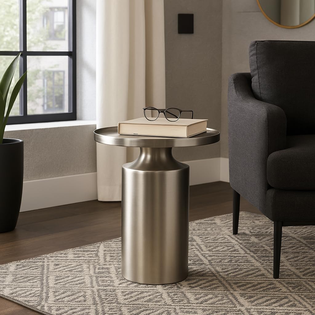 Minimalist Metal Accent End Table for Home Decor - Modern Cylindrical Narrow End Table for Functional Living Room Styling - 19", Silver