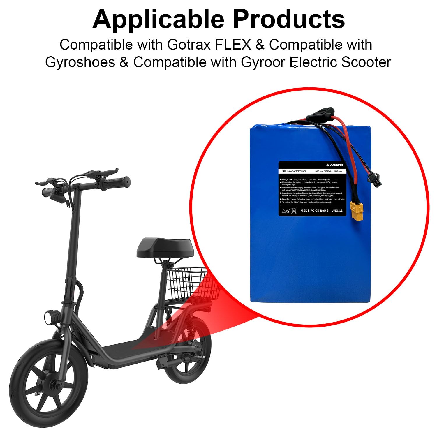 36v 7.8Ah Electric Scooter Battery Compatible with Gotrax FLEX&Compatible with Gyroshoes&Compatible with Gyroor Electric Scooter, Suitable for 350W-500W Motor, Dimensions 6.77 x 5.19 x 1.49 inches,01