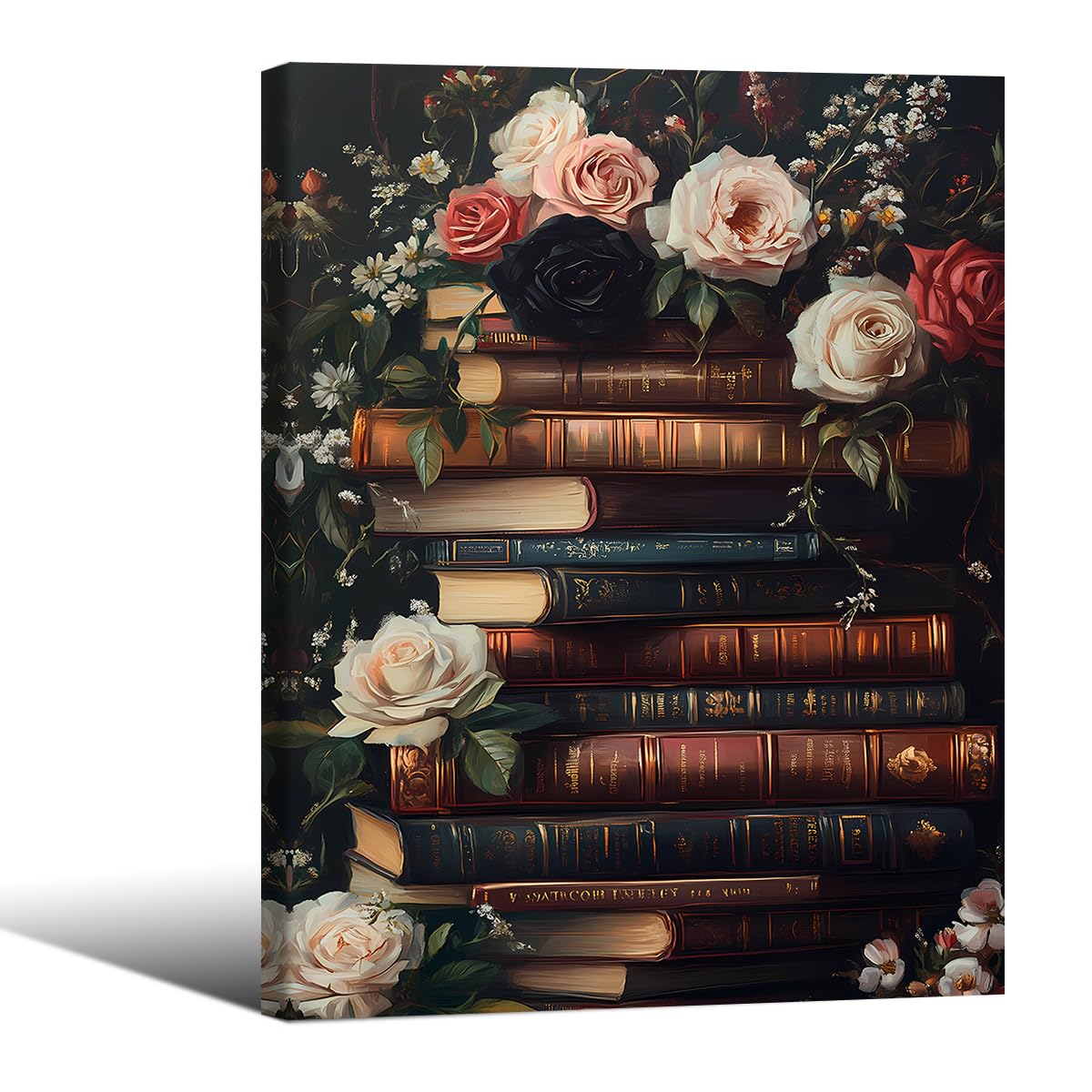 Dark Academia Book Canvas Posters Moody Botanical Floral Wall Art Vintage Antique Victorian Aesthetic Oil Painting 08x10 inch Framed for Gallery