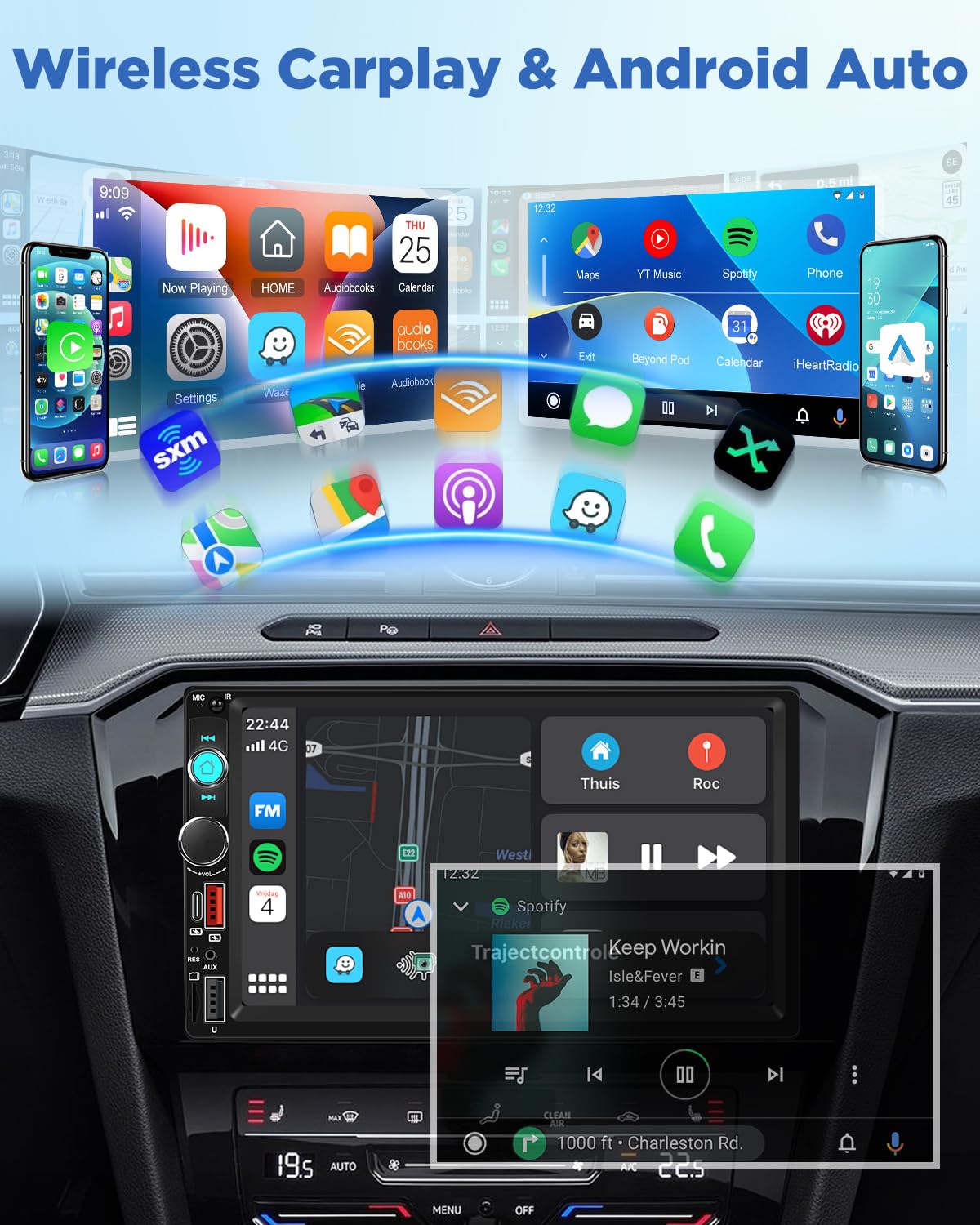 NHOPEEW 2-DIN-7-Zoll-Autoradio mit kabellosem CarPlay und Android Auto – Doppel-DIN-Radio mit Lenkradsteuerung, FM, Online-Video, Zwei USB-Anschlüssen, AUX-Typ-C und Rückfahrkamera