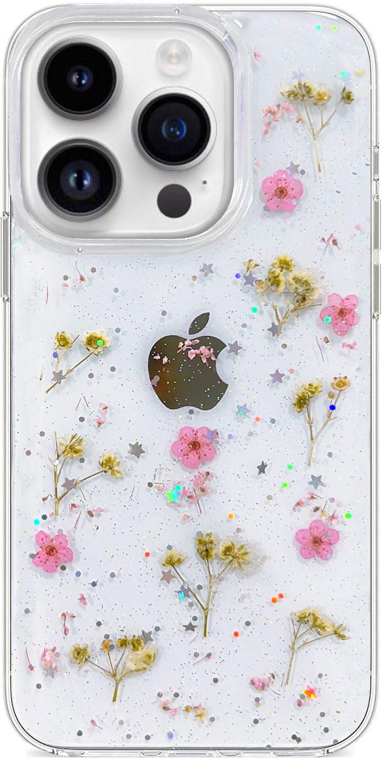 Efitoo for iPhone 15 Pro Case Clear with Pink Flower Design Cute Bling Glitter Sparkly TPU Real Dried Pressed Flowers Floral Aesthetic Protective Women Girl's Phone Cover (Pink Gypsophila)