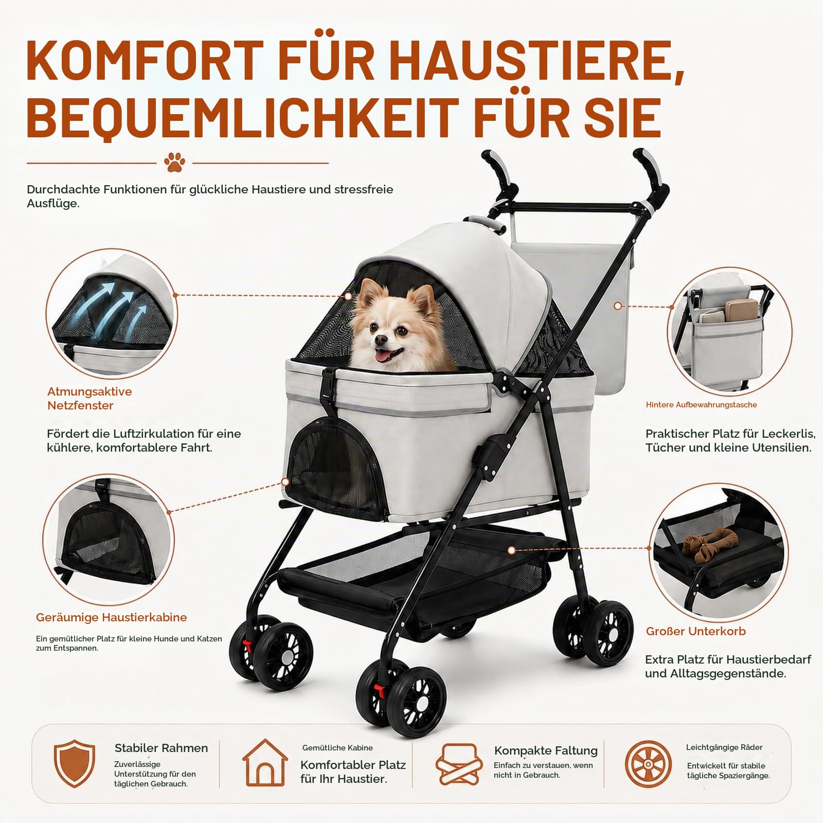 Haustierbuggy bis 20 kg, faltbar, mit Transportkorb, Schwarz | Für kleine Hunde und Katzen; mit Belüftungsfenstern und Stauraum, komfortabel für Spaziergänge und Reisen