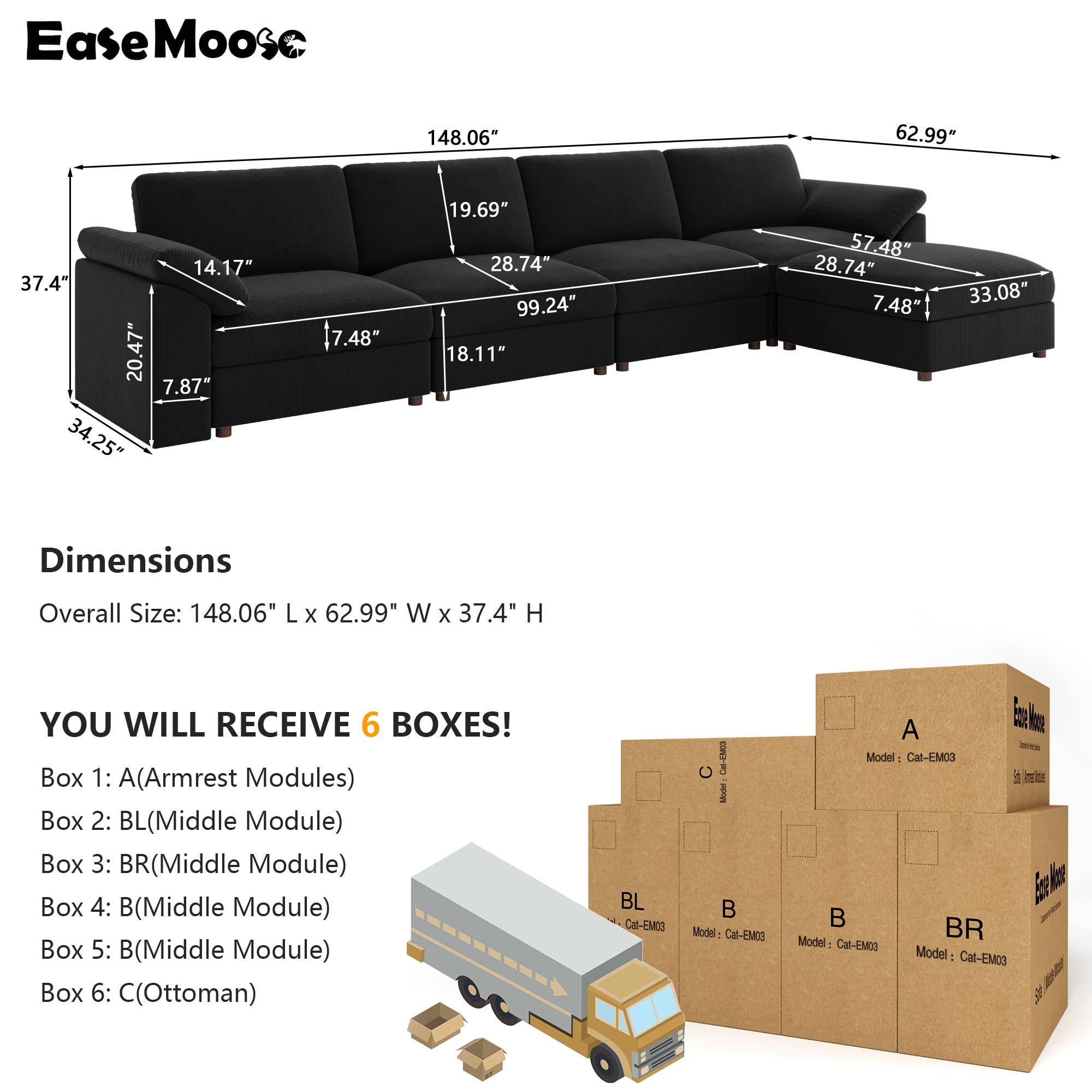 Condition photo showing Good Condition for ease moose oversized sectional modular sofa with ottoman,comfty l shape sectional deep modular sofa,cloud couch for living room,removable cover,black