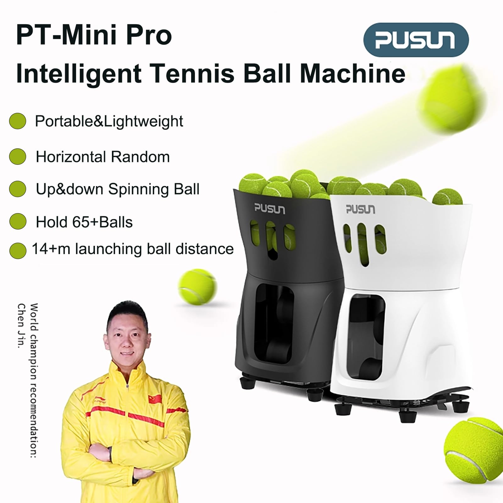 PUSUN Macchina portatile per palline da tennis, PT-Mini Pro, per pratica e allenamento, supporta app e telecomando per regolare velocità e angolo; contiene 65 palline in una volta, facile da usare