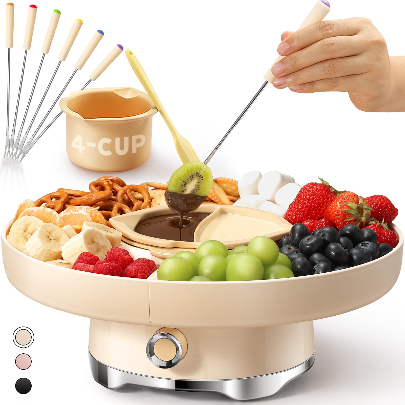 LUSHYUM Electric Chocolate Fondue Pot Set, 800ml Capacity, Rotating Tray