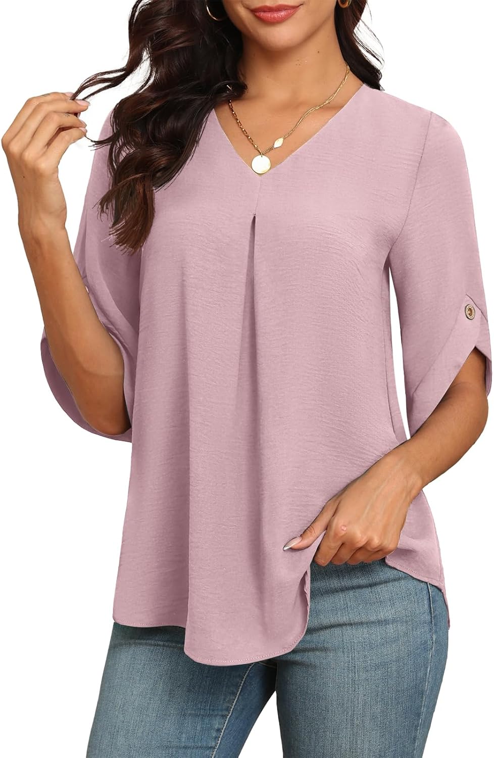 LAOLASI Womens Summer Chiffon Blouses Bell Short Sleeve V Neck Casual Dressy Work Tops for Leggings 2025 Loose Flowy Tshirts - Image 3