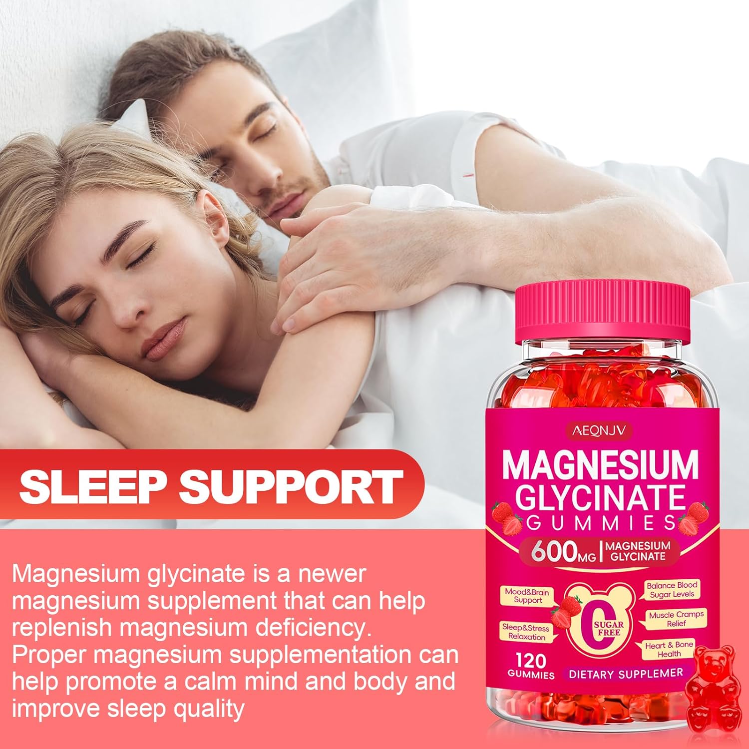 Magnesium Glycinate Gummies 600mg, Chewable Sugar Free Potassium Magnesium Gummies with Magnesium Glycinate, Vitamin D, B6 and CoQ10 for Sleep, Relaxation, Brain and Muscle, 60 Days Supply - Image 7