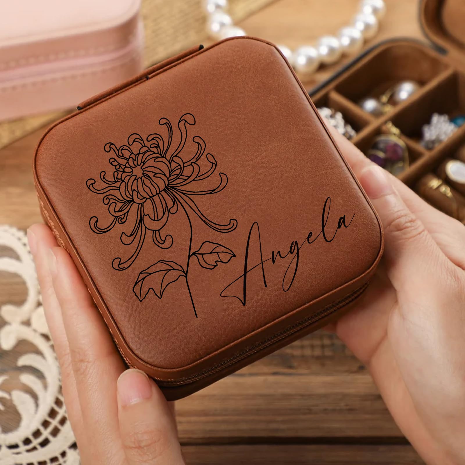 Coosttoom Personalized Leather Jewelry Organizer Box Customized Name & Birth Flower Month - Birthday Gifts for Women, Mom Personalized Jewelry Travel Case Bridesmaid Gifts Proposal (Black)