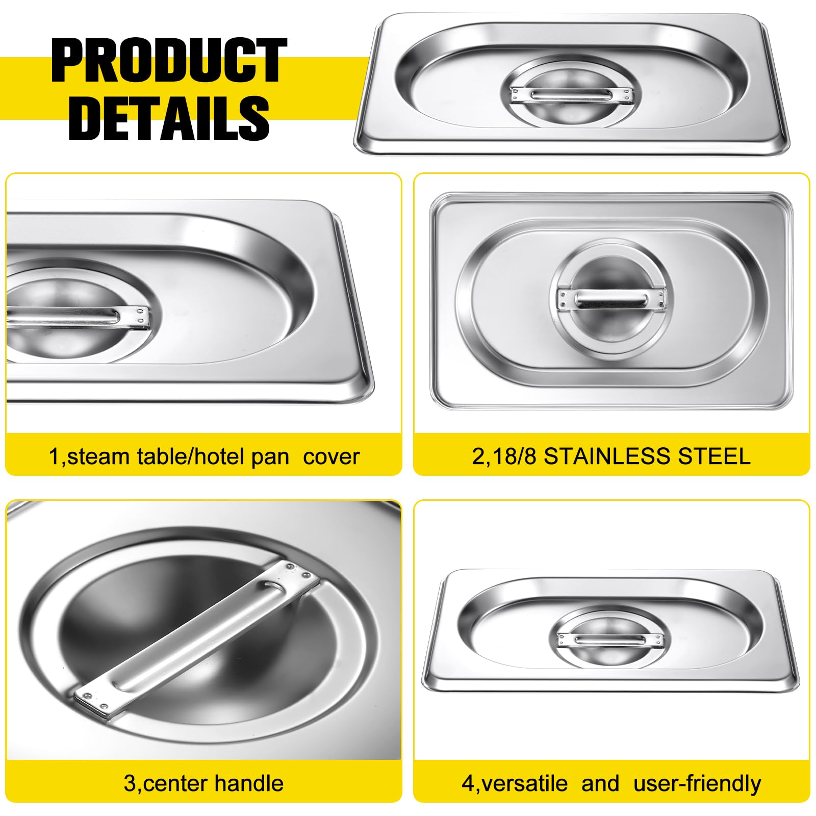 Couvercle Inox Rectangulaire Pour Bac Gastro - 32,8x26,5 Cm - Poignée, Protection Aliments, Transport