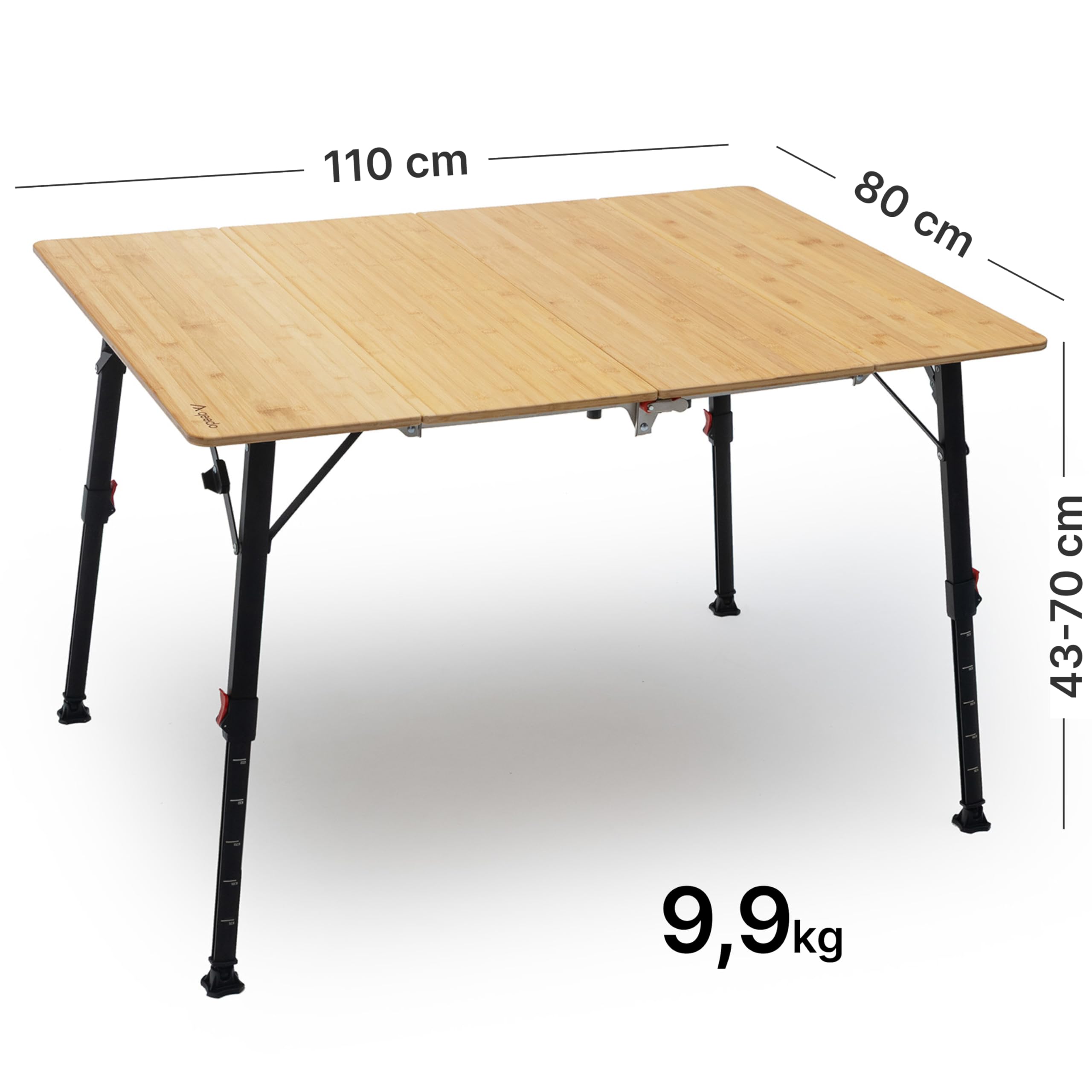 qeedo Quick Kimmy Campingtisch - klappbarer Bambus Tisch höhenverstellbar 43 bis 70 cm - Faltbarer Campingtisch mit Tragegriff & Packtasche - Stabiler Outdoor Tisch für Camping, Garten und Picknick