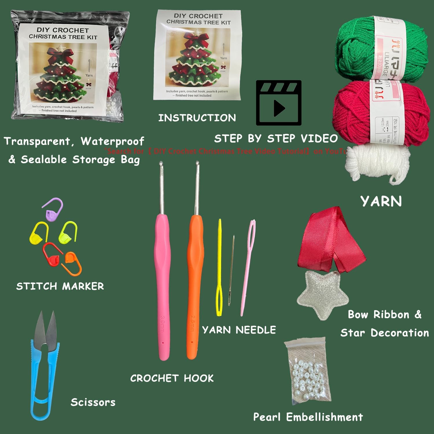 PMDYBY DIY Crochet Christmas Tree Kit,2026 News Crochet Christmas Ornaments,Beginner Christmas Kit,Tree Bow Pearl Embellishment,ChristmasCraftKit with Yarn Hook Beads Instructions(Red & Green)