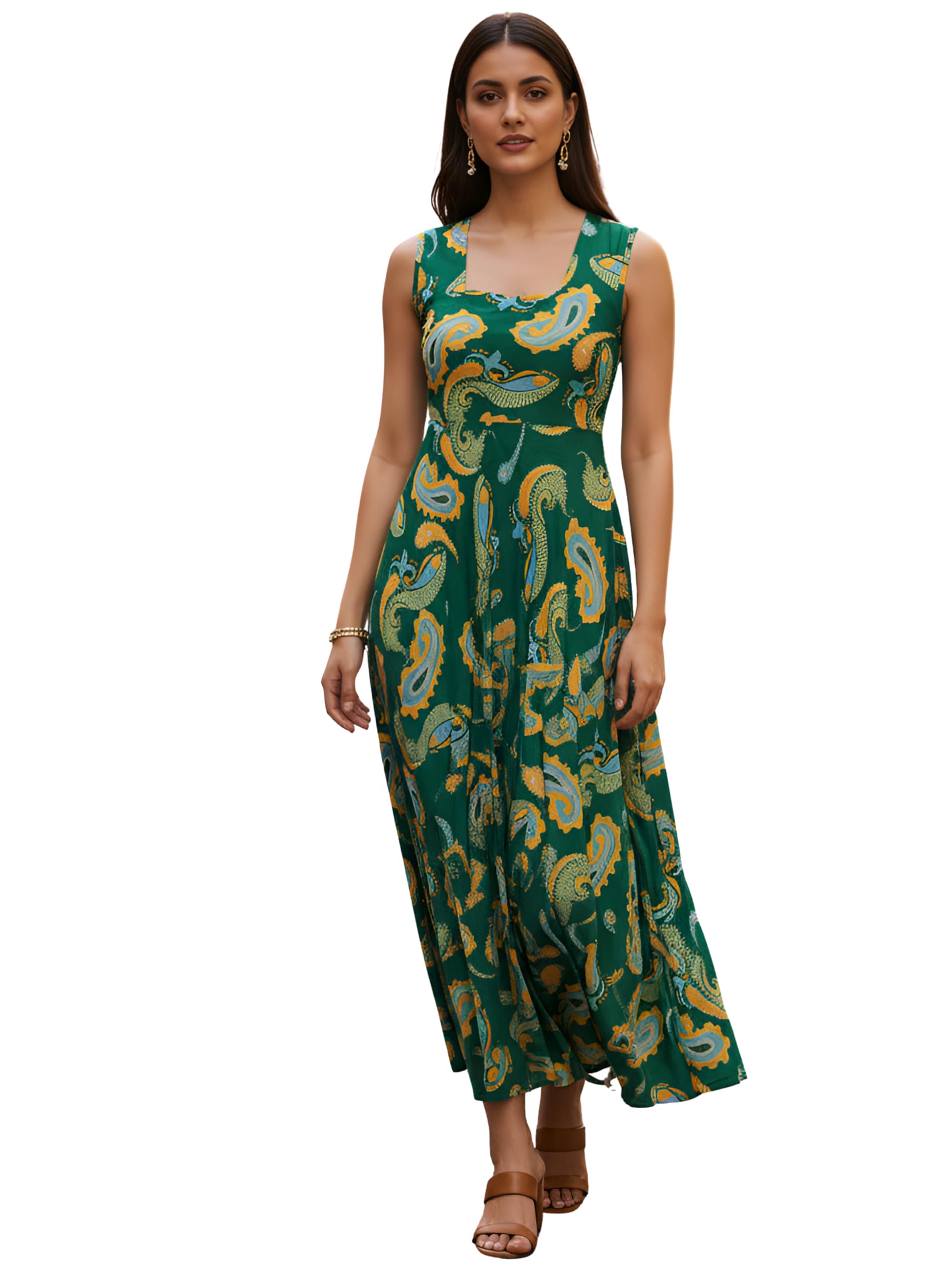 Women’s Green A-Line Paisley Print Dress Sleeveless Flared Midi Dress for Women Wrinkle Free Micro Fiber Fabric Casual, Party & Holiday Wear Western Dress-image-14