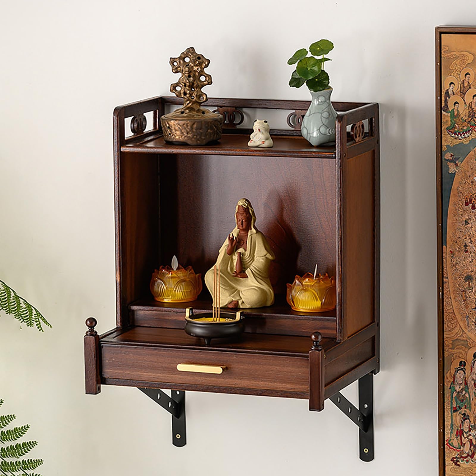JNTFNE Meditation Altar Table with Storage Drawer, Buddhist Offering Niche, Pooja Incense Cabinet, Tribute Puja Table, Auspicious Cloud Carving(Brown 3)