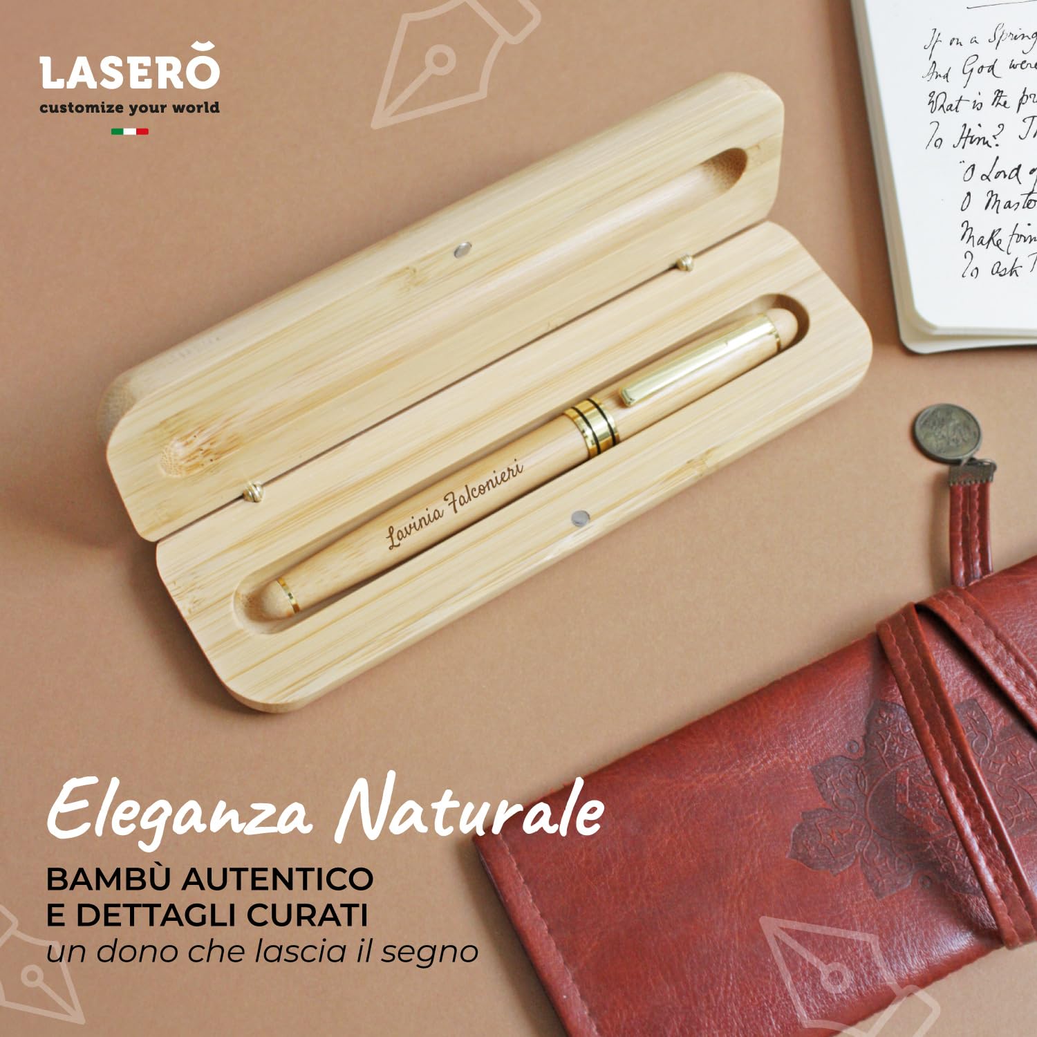 LASERO' Penna Stilografica Personalizzata in Legno con Astuccio – Penne Personalizzate con Scritta e Logo + Dedica sul Box - Regali Personalizzati