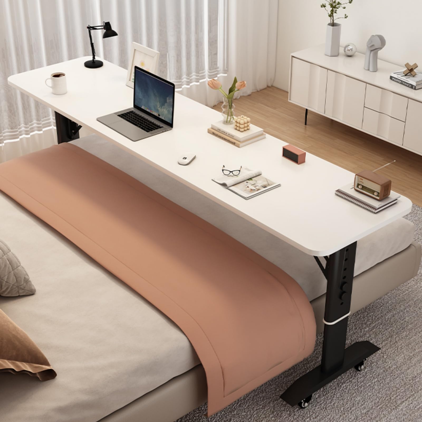 SXZenSpace Adjustable Height Overbed Table with Wheels Solid Wood Panel Mobile Desk for Bed Computer Over The