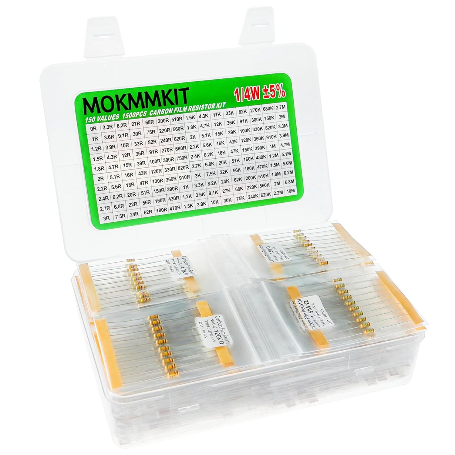 120 Values 1200 Pieces Resistor Kit 1 Ohm-1M Ohm 1W 5% 1 Watt Carbon Film Resistors Assortment Kit
