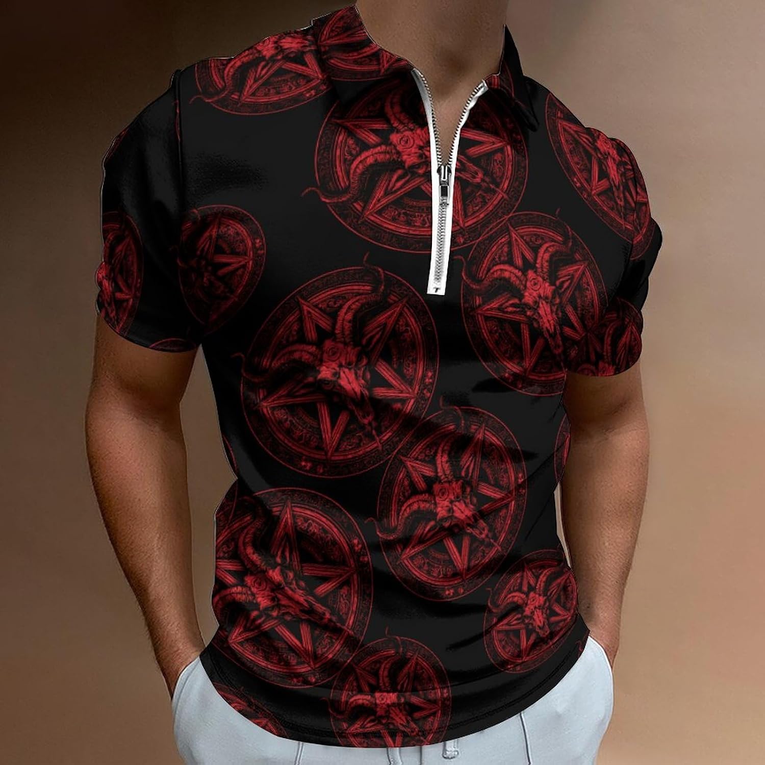 Pentagram Men's Polo Shirts Golf Short Sleeve Tops | Casual Workout,Golf T-Shirt,Zippered Tee,Collared,Print
