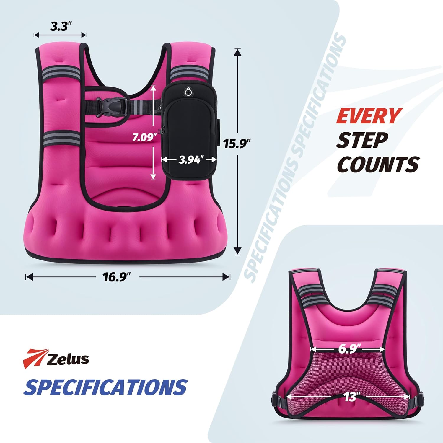 ZELUS Weighted Vest for Women Men, 6/8/12/16/20LB U-Shaped Ergonomic for Even Weight Distribution, Odorless Workout Vest with SGS Certification, Arm Pocket & Back Mesh Pouch for Training & Running