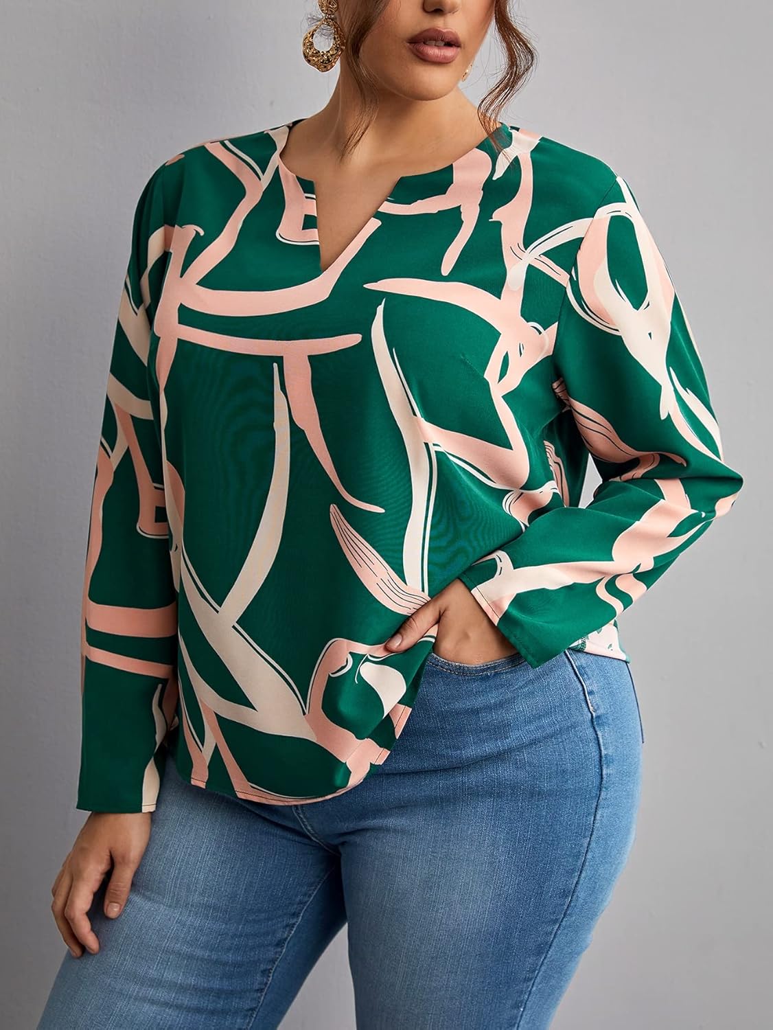 SOLY HUX Women's Plus Size Allover Printed Notched V Neck Long Sleeve Casual Blouse Tops - Image 3