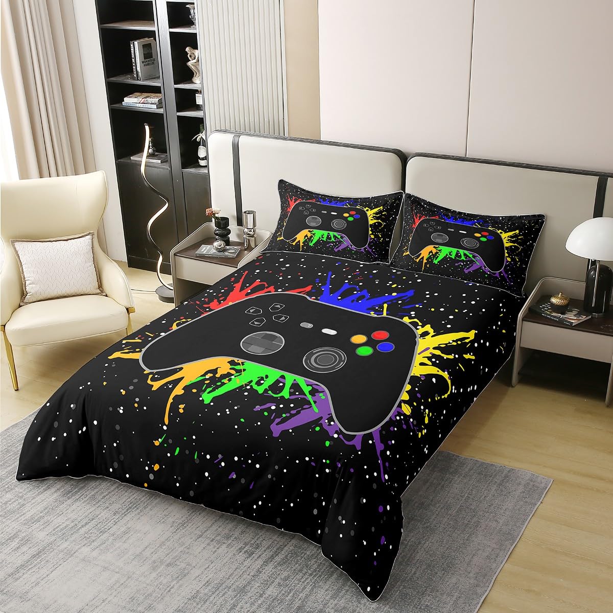 Juego de funda de edredón para niños, 100 % algodón, tamaño doble, juego de ropa de cama con diseño de mando de videojuegos, para adolescentes, niños y hombres, funda de edredón moderna con estampado