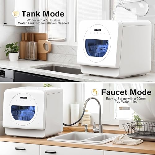 Miniatura 7 de Lavavajillas portátil para encimera, 7 programas de lavado, mini lavavajillas con tanque de agua integrado de 5 L y rociador doble de 360, mini
