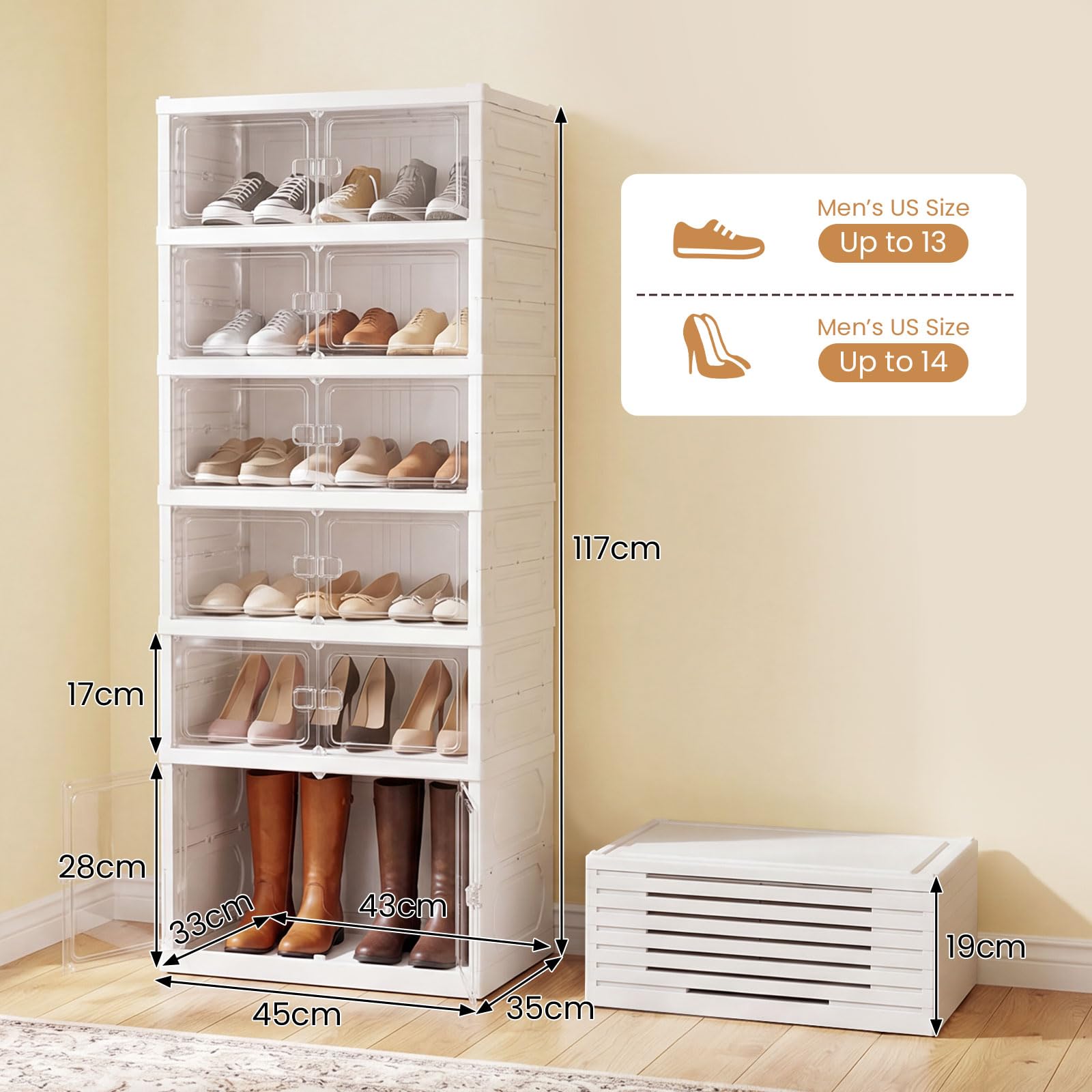 SOARS Scarpiera Salvaspazio Pieghevole, Scatole per Scarpe a 6 Livelli per 12 Paia con Porte Magnetiche Trasparenti, Portascarpe per Ingresso, Soggiorno e Camera da Letto, 45 x 35 x 117 cm