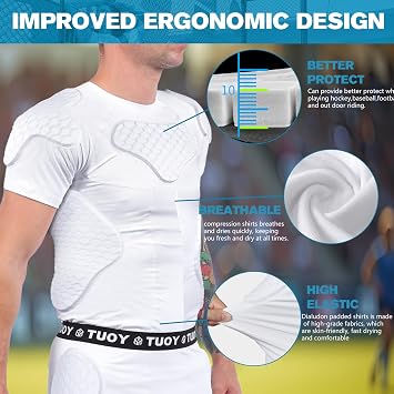 Men Padded Football Shirt Rib Chest Shoulder Protector Heart Guard Padded Compression Shirt 6-Pads Protective Gear for Baseball,Basketball