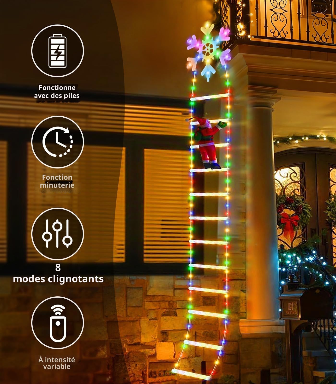 Guirlande Lumineuse Échelle Père Noël, 3 m LED Rideau Lumineux Flocon de Neige Decoration Noel Guirlande Lumineuse à Piles, 8 Modes Minuterie Christmas Lights avec Père Noël pour Exterieur Interieur