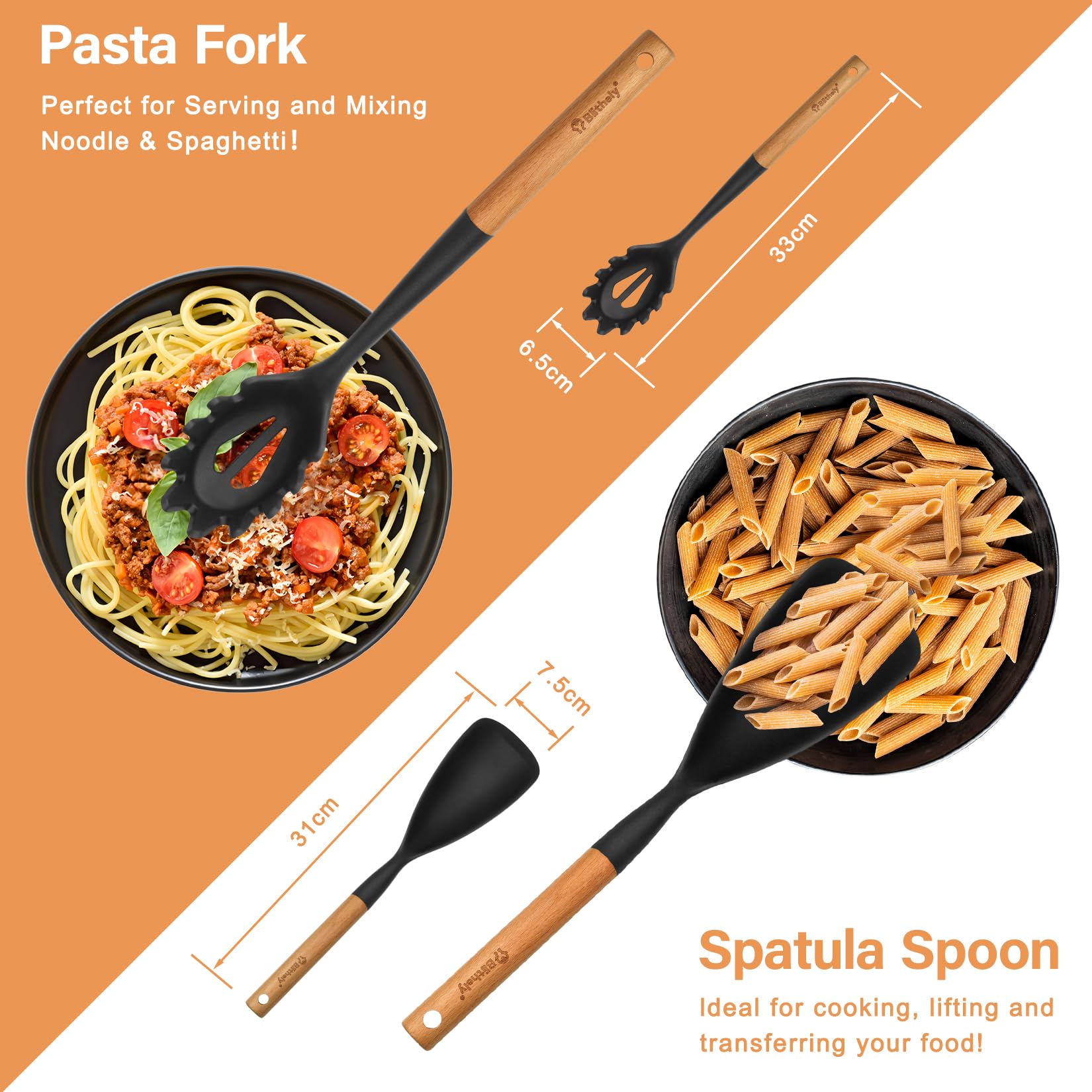 Silikon-Kochlöffel und Pastagabel-Set, 2 Stück, große Spatel, Löffel-Set mit Holzgriff, Antihaft-Multifunktionslöffel zum Kochen, Servieren, Mischen und Spaghetti (schwarz)