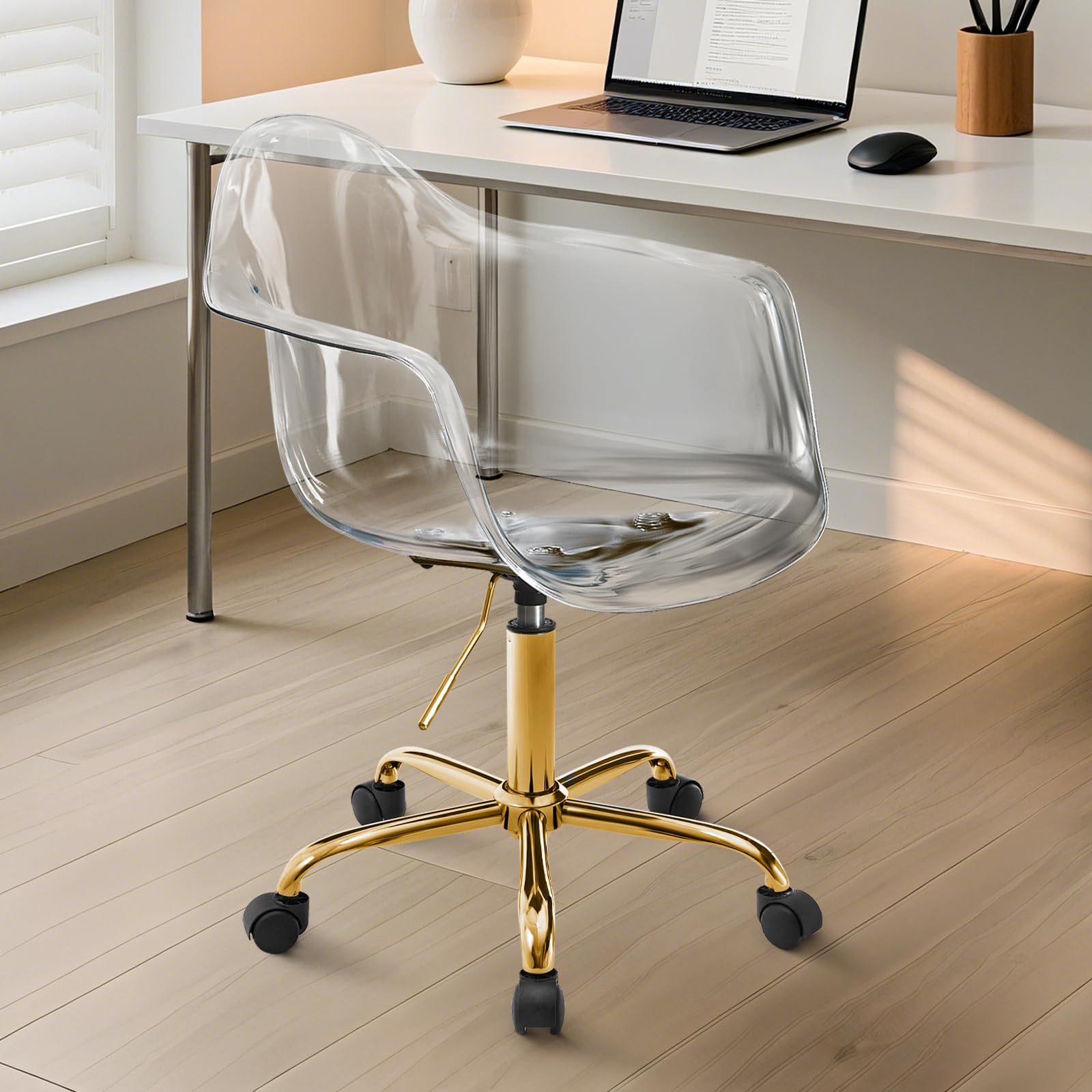 Ultrahome Clear Acrylic Chair, Armless Desk Chair with Adjustable Height, Swivel Vanity Task Chair with Wheels for Home,Office, Bedroom(Gold)